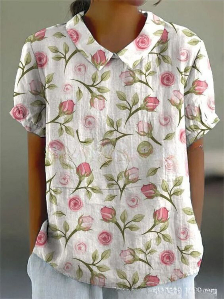 Women's Floral Pattern Woven Blouse with V-Neck Collar Pink with Floral