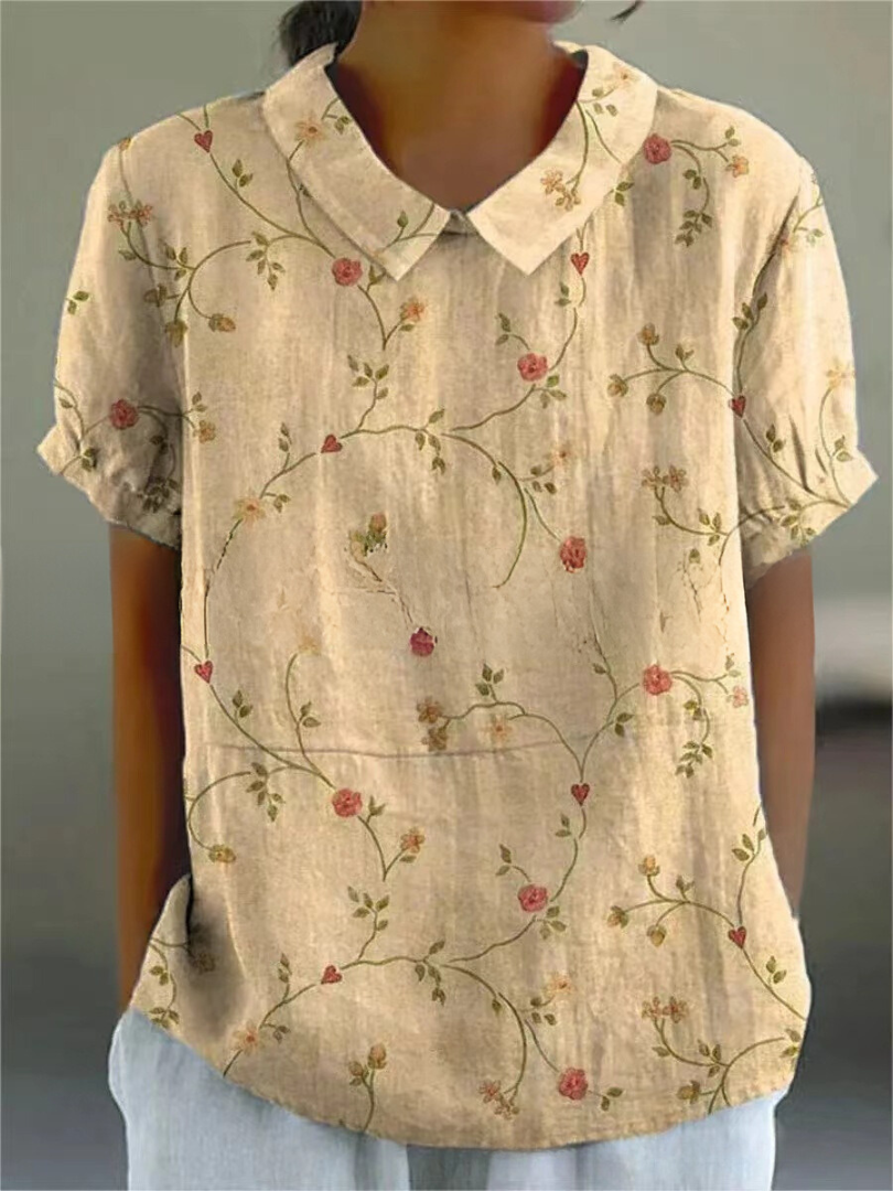 Women's Floral Pattern Woven Blouse with V-Neck Collar Peach with Floral