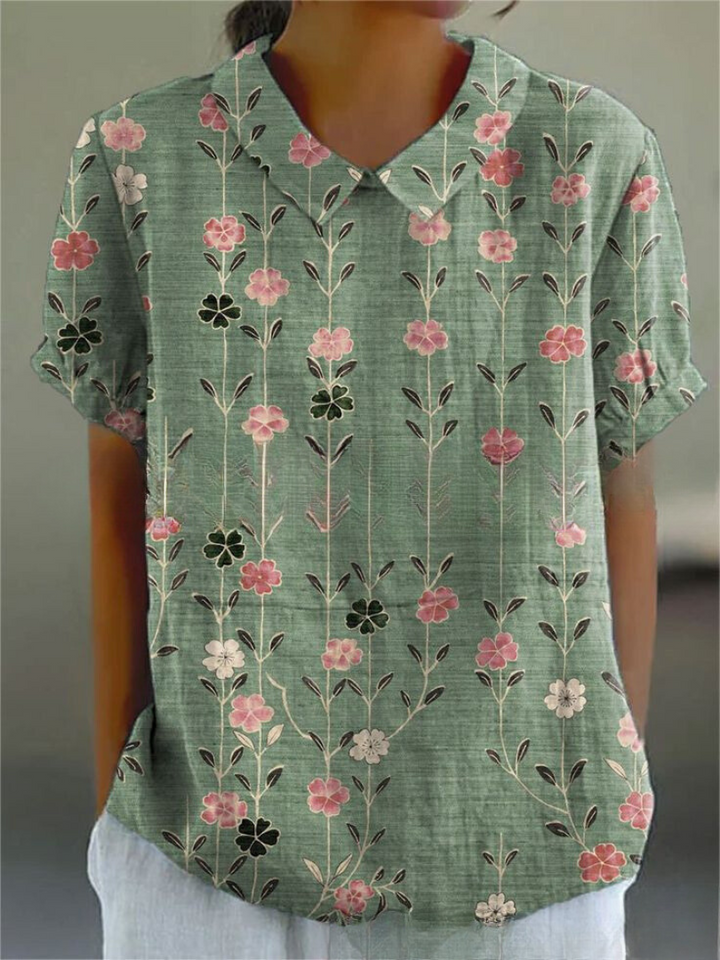 Women's Floral Pattern Woven Blouse with V-Neck Collar Teal with Floral