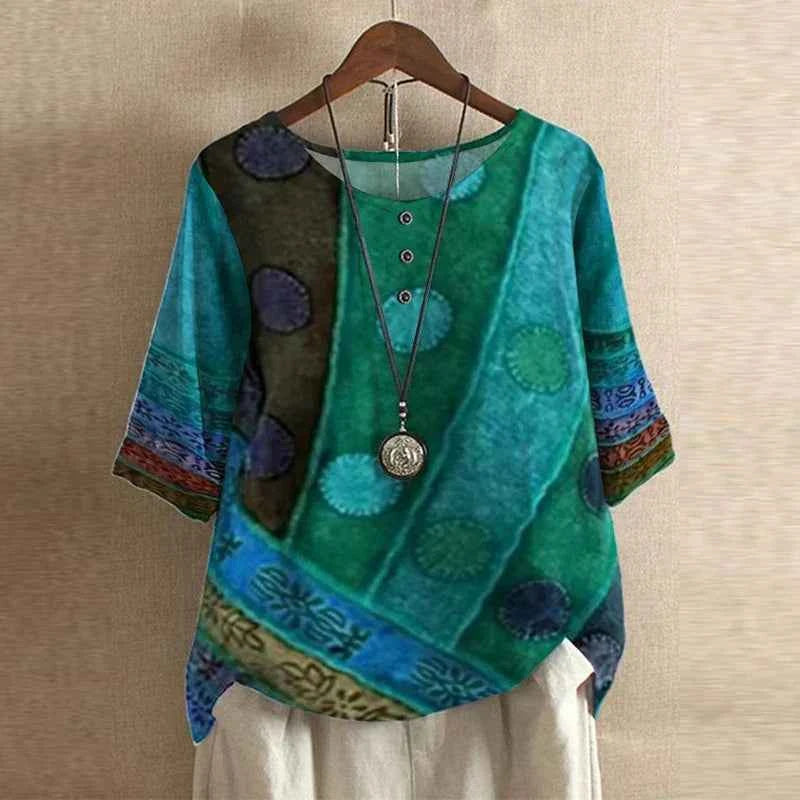 Women's Woven Blouse with Henley Neckline and Cuffed Sleeves Teal