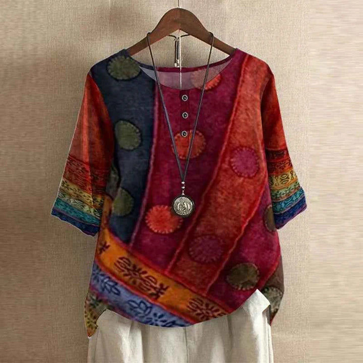 Women's Woven Blouse with Henley Neckline and Cuffed Sleeves Red