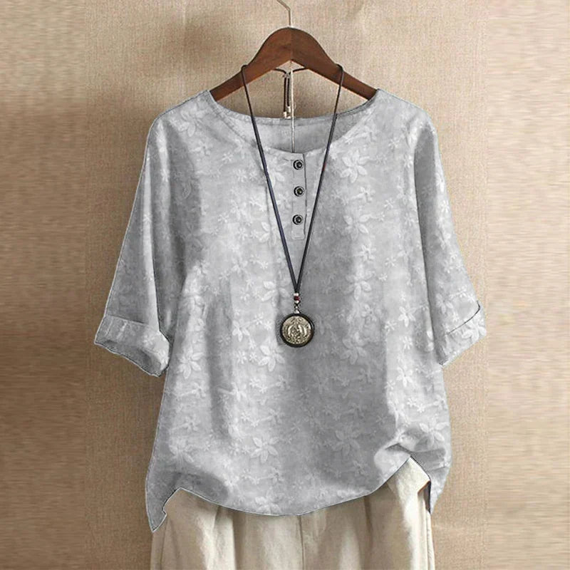 Women's Woven Blouse with Henley Neckline and Cuffed Sleeves Light Gray