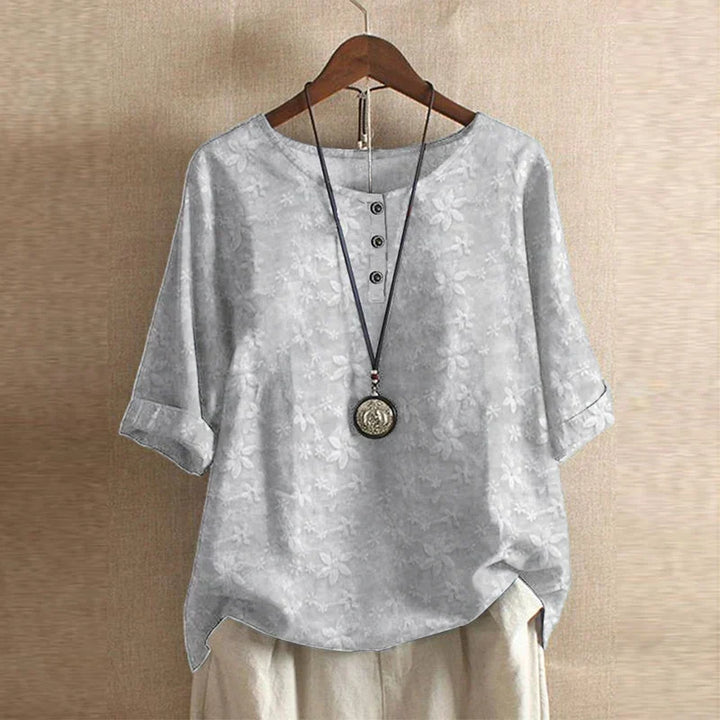 Women's Woven Blouse with Henley Neckline and Cuffed Sleeves Light Gray