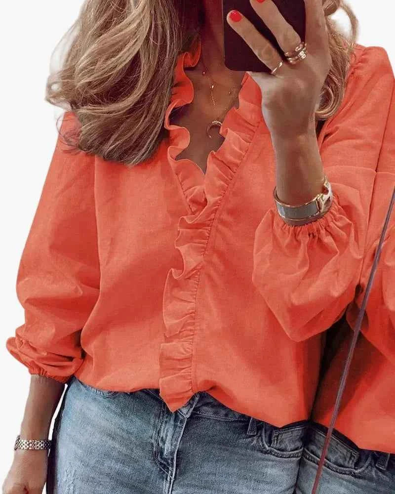 Women's Ruffled V Neck Woven Blouse with Gathered Cuffs Orange