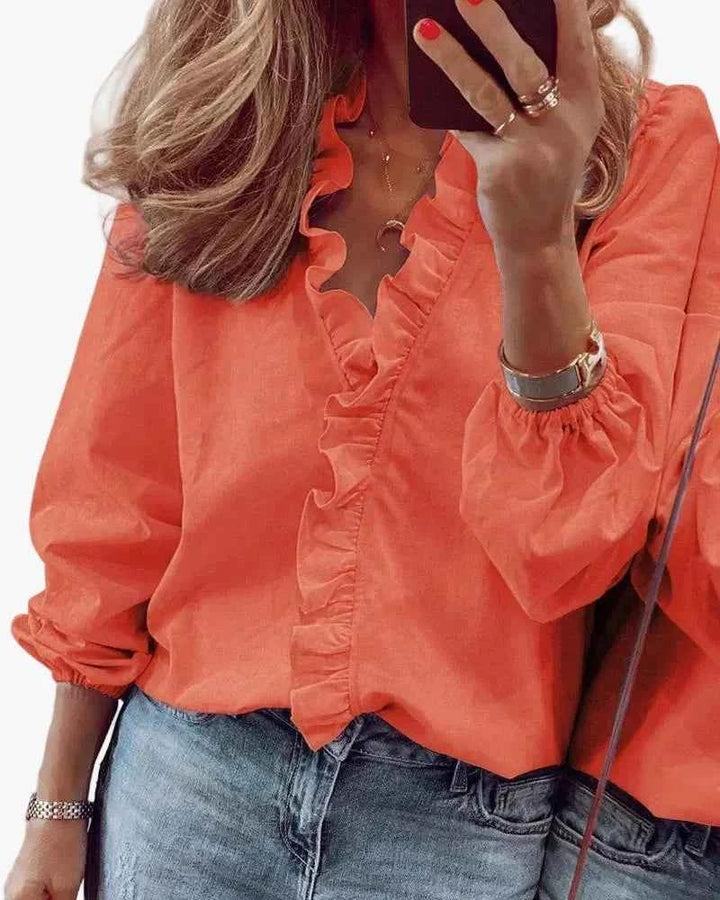 Women's Ruffled V Neck Woven Blouse with Gathered Cuffs Orange