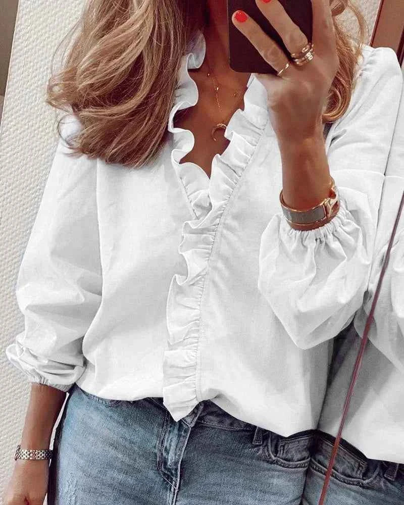 Women's Ruffled V Neck Woven Blouse with Gathered Cuffs White