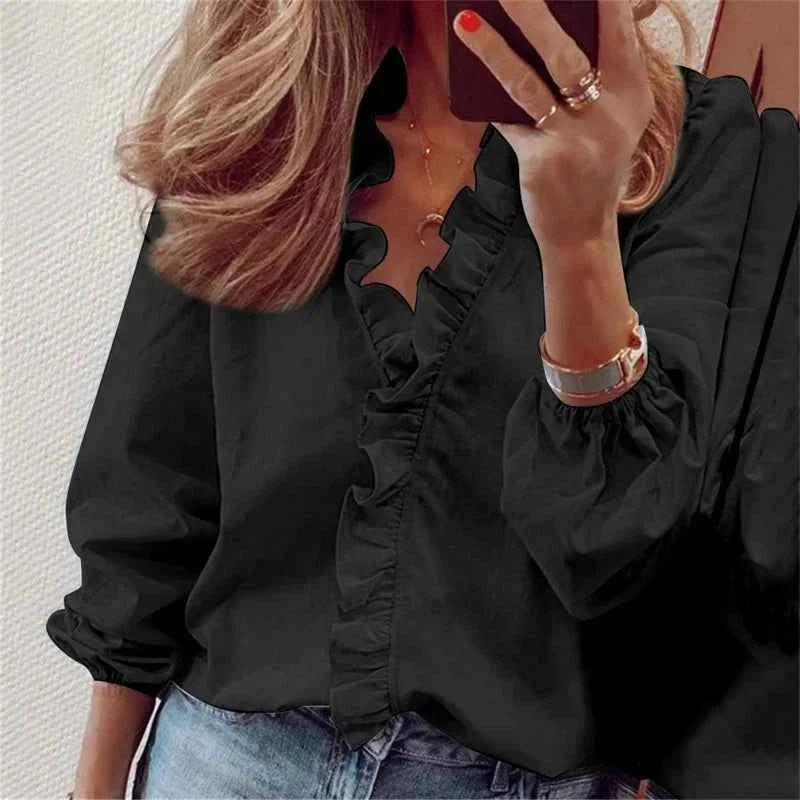 Women's Ruffled V Neck Woven Blouse with Gathered Cuffs Black