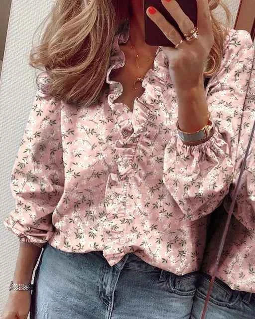Women's Ruffled V Neck Woven Blouse with Gathered Cuffs Pink