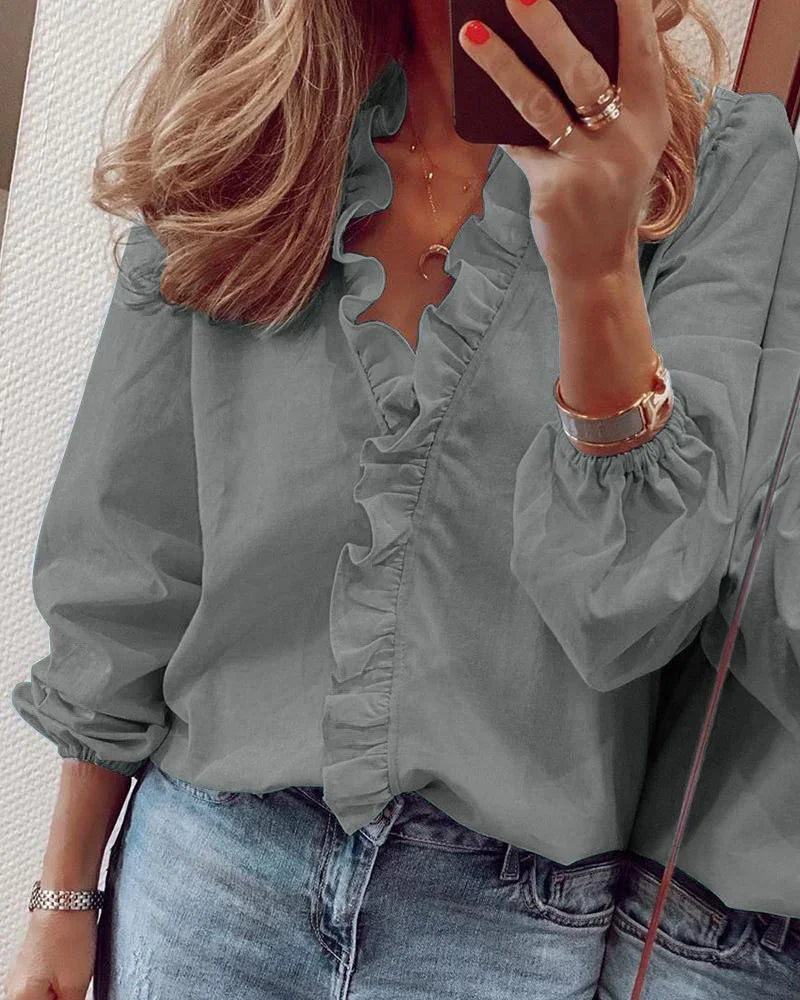 Women's Ruffled V Neck Woven Blouse with Gathered Cuffs Gray