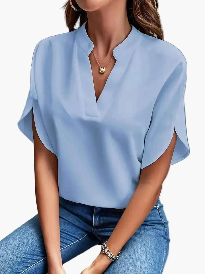 Women's Woven Blouse with Split Neck and Flutter Sleeves Blue