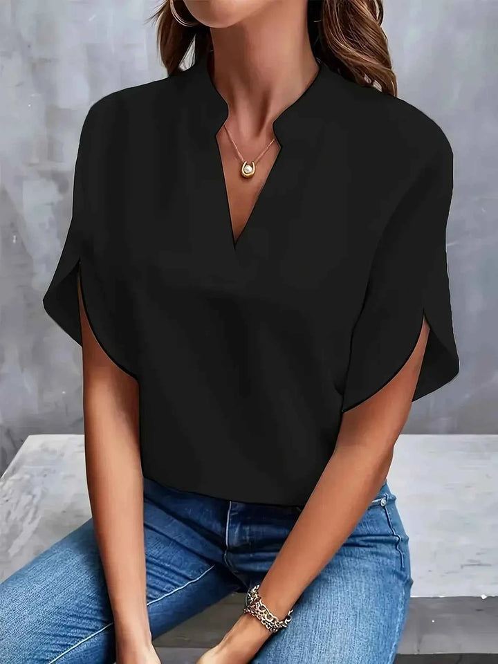 Women's Woven Blouse with Split Neck and Flutter Sleeves Black