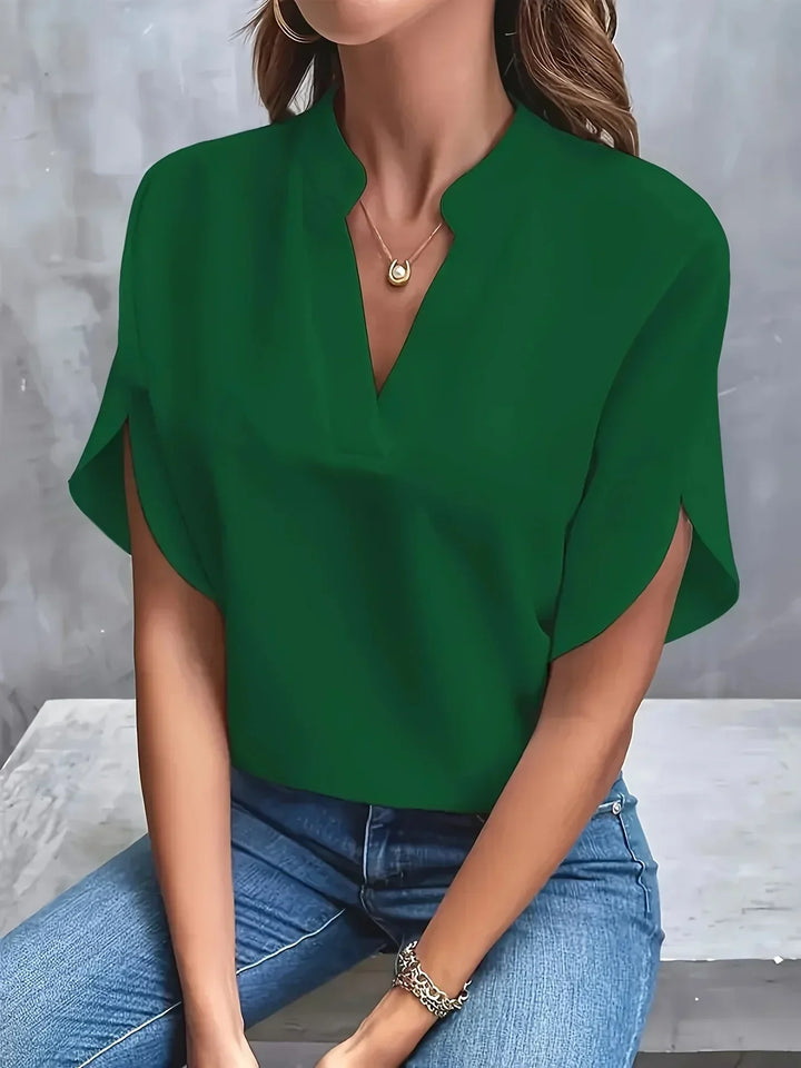 Women's Woven Blouse with Split Neck and Flutter Sleeves Green