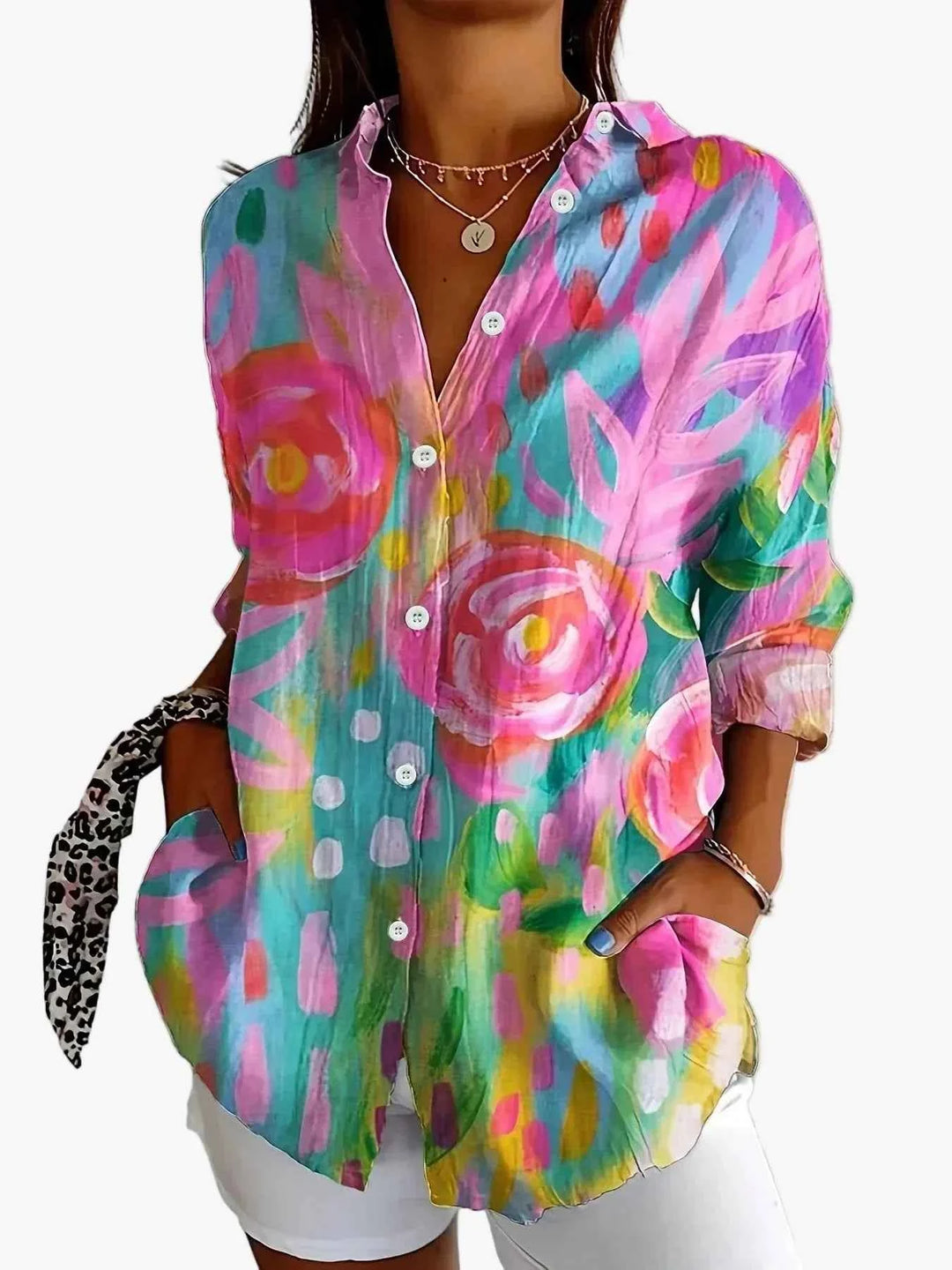 Women's Woven Printed Blouse with Button Front and Roll-Up Sleeves Pink