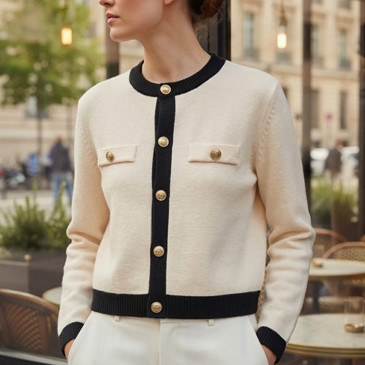 Women's Black Cropped Button Down Ribbed Trim Pocket Cardigan Beige
