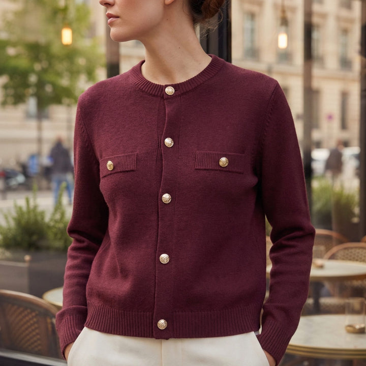 Women's Cropped Cardigan with Button-Down and Ribbed Trim Red