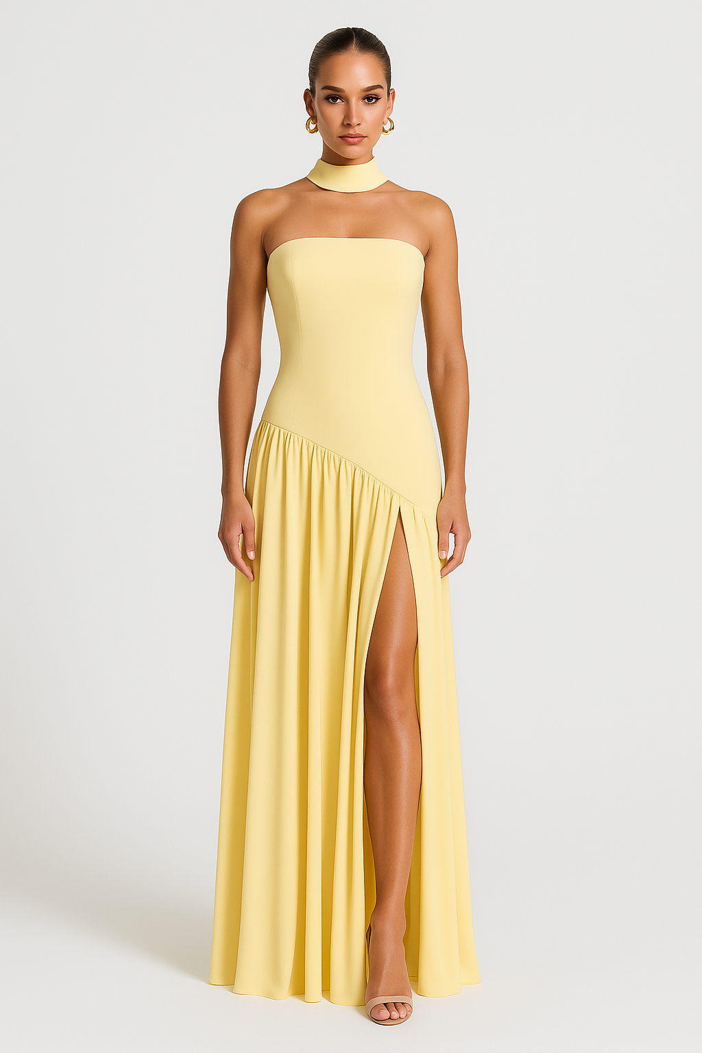 Deborah | Elegant Strapless Dress with High Slit for Women Yellow