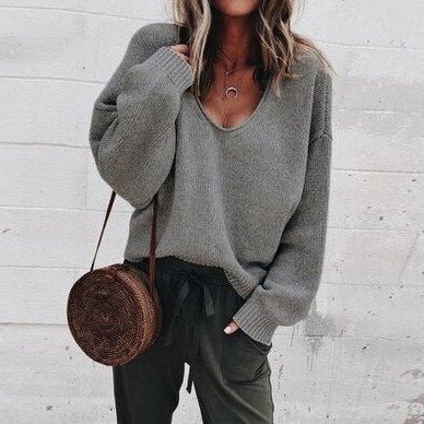 Women's Oversized V-Neck Sweater with Long Sleeves Dark Grey