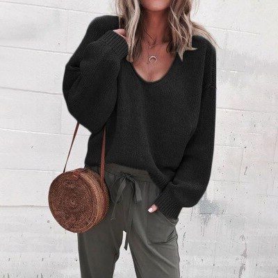 Women's Oversized V-Neck Sweater with Long Sleeves Black