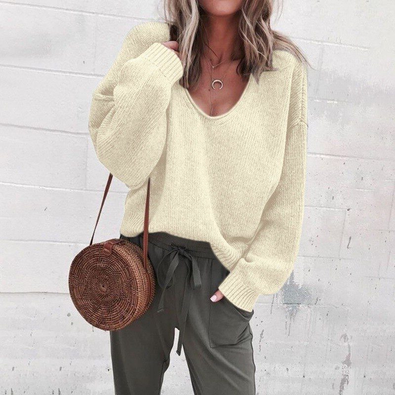 Women's Oversized V-Neck Sweater with Long Sleeves Beige