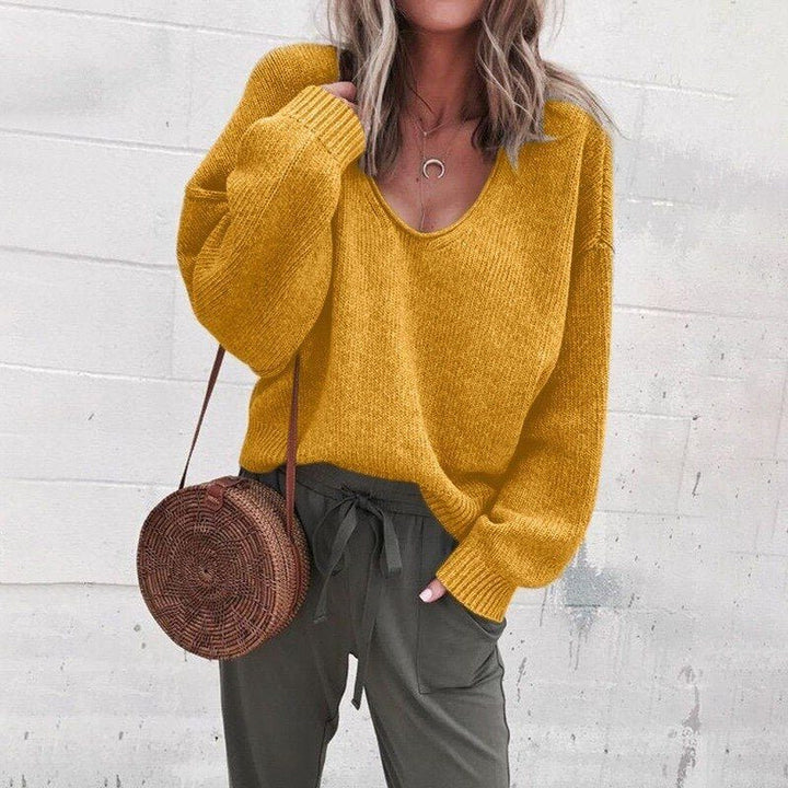 Women's Oversized V-Neck Sweater with Long Sleeves Yellow