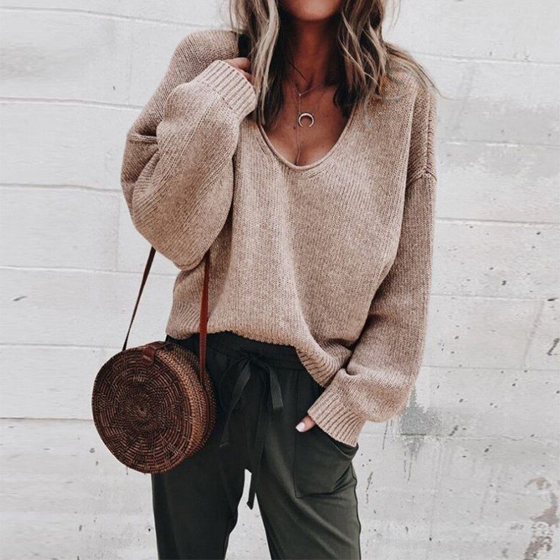 Women's Oversized V-Neck Sweater with Long Sleeves Khaki