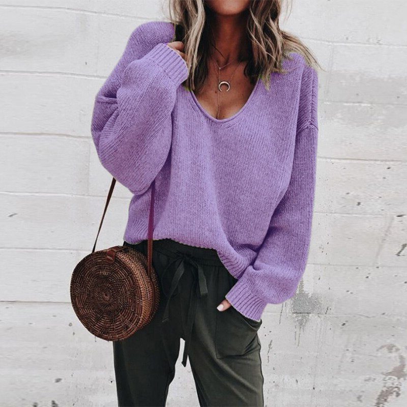 Women's Oversized V-Neck Sweater with Long Sleeves Lilac
