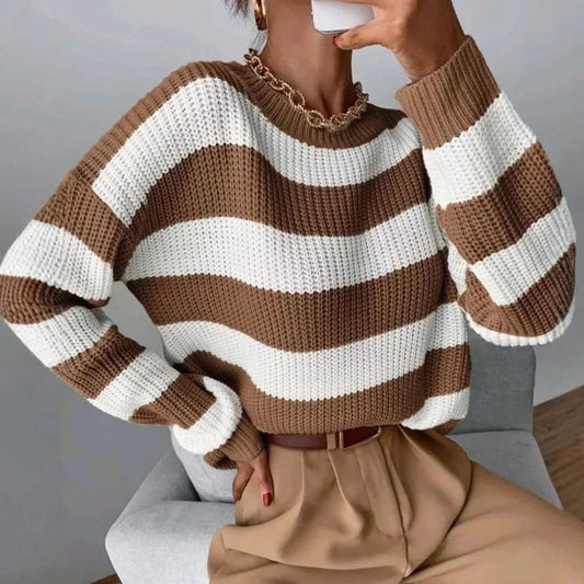 Women's Brown Striped Chunky Knit Ribbed Trim Crewneck Sweater