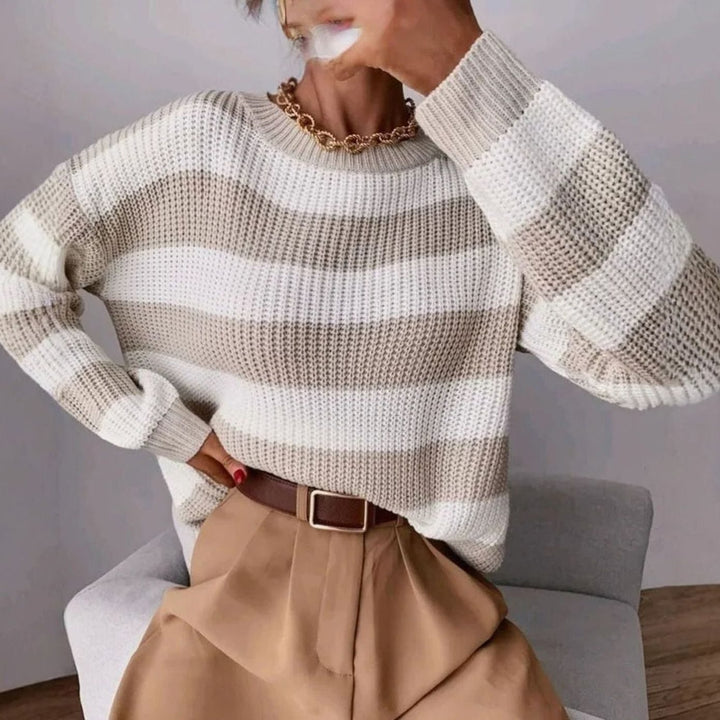 Women's Striped Chunky Knit Sweater with Crew Neck