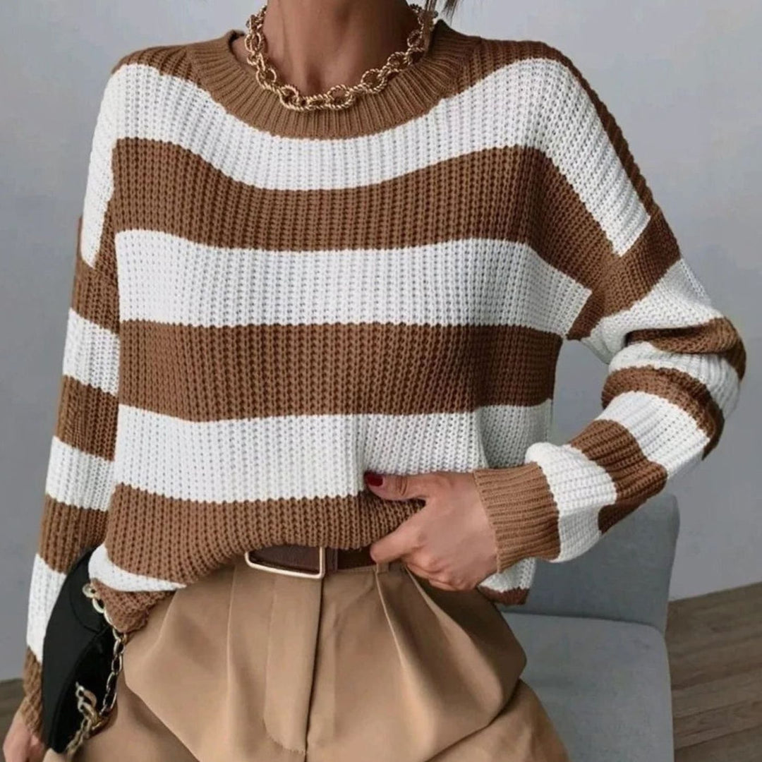 Women's Striped Chunky Knit Sweater with Crew Neck