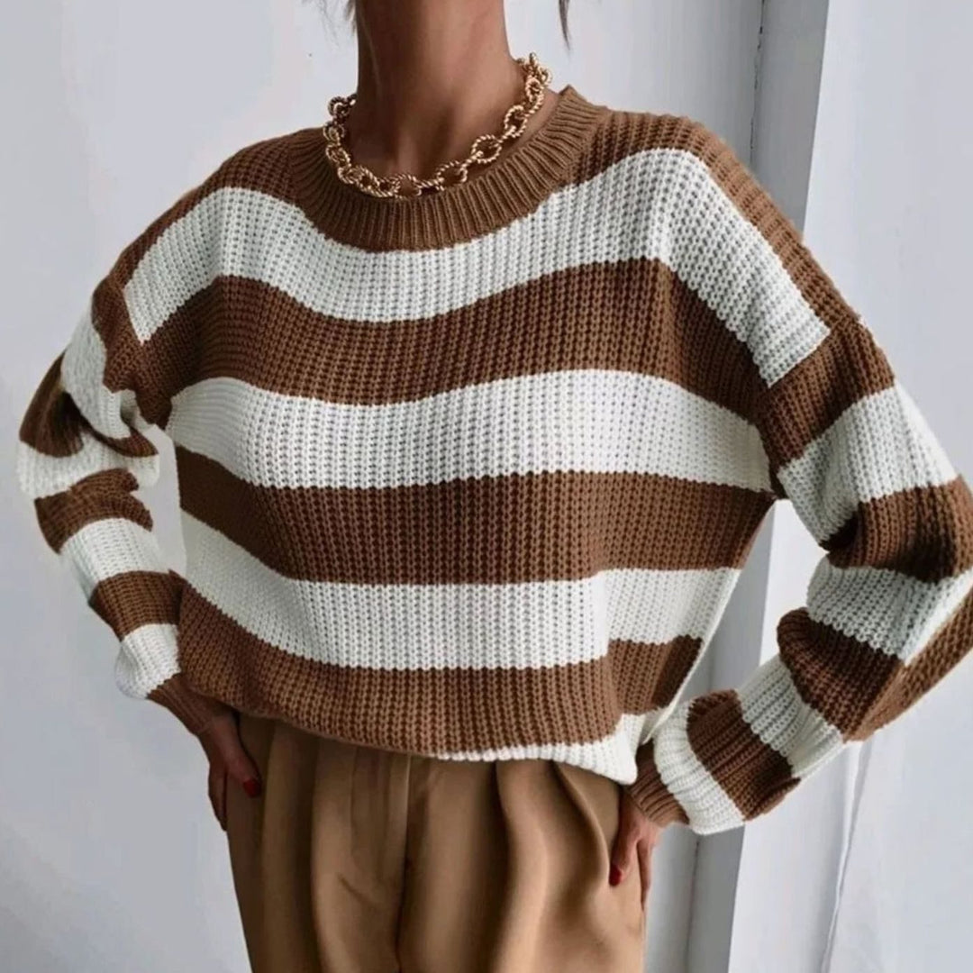 Women's Striped Chunky Knit Sweater with Crew Neck