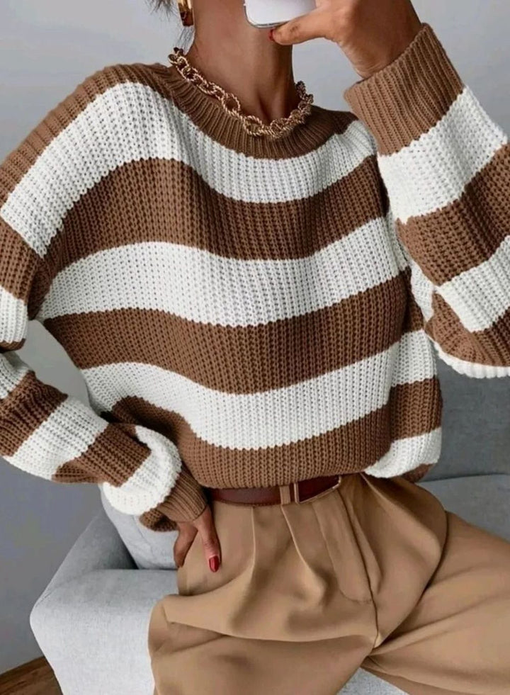 Women's Striped Chunky Knit Sweater with Crew Neck Brown