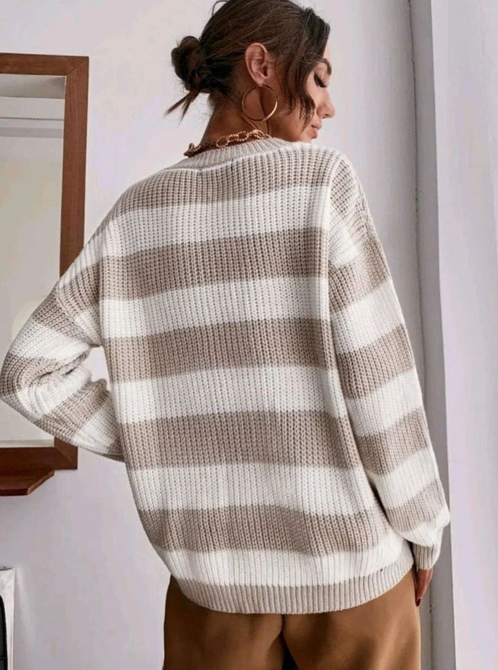 Women's Striped Chunky Knit Sweater with Crew Neck Apricot