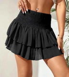 Women's Boho Print Mini Skirt - Layered Ruffles & Elastic Waist - Comfortable Fit Black